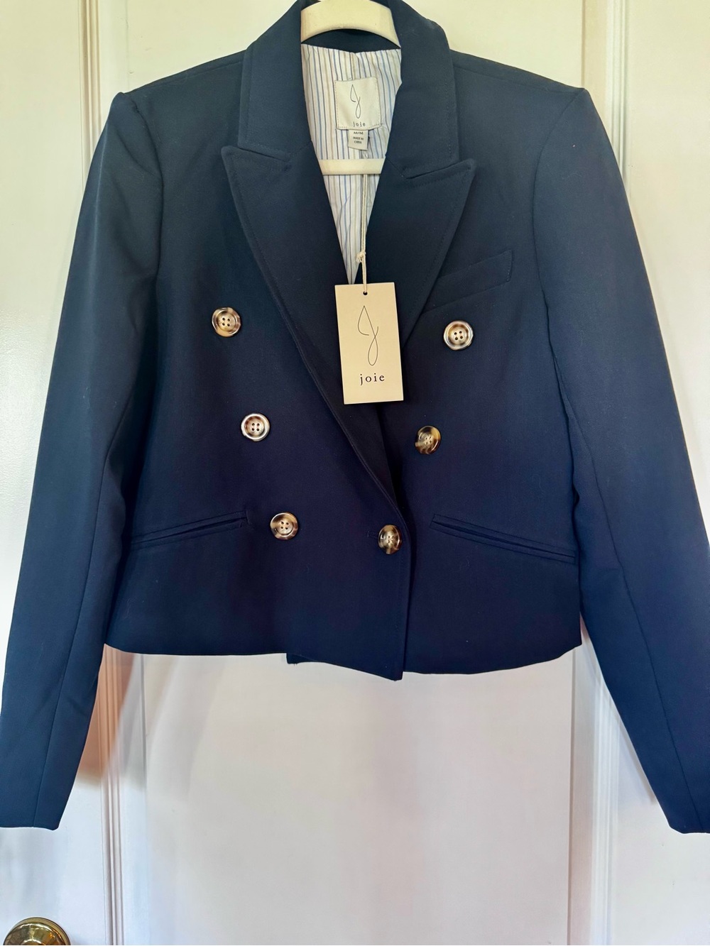Joie Navy Double-Breasted Cropped Blazer with Gold Buttons